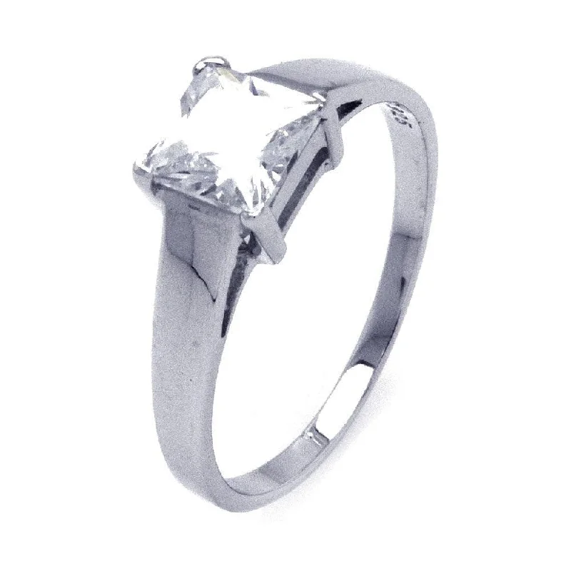 Ladies rings diamond accent pieces-Silver 925 Rhodium Plated Princess Cut CZ Single Solitaire Ring - STR00836