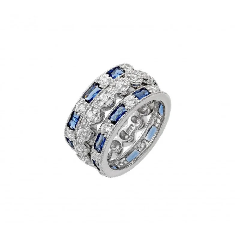 Ladies rings marquise cut rings-Silver 925 Rhodium Plated Blue Baguette and Round Clear CZ Ring - STR01019