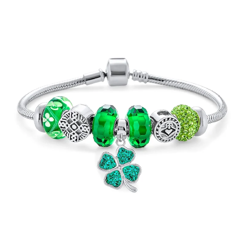 ladies bracelet sustainable-Irish Celtic Knot Charm Bracelet with Green Shamrock and Claddagh Beads Sterling Silver