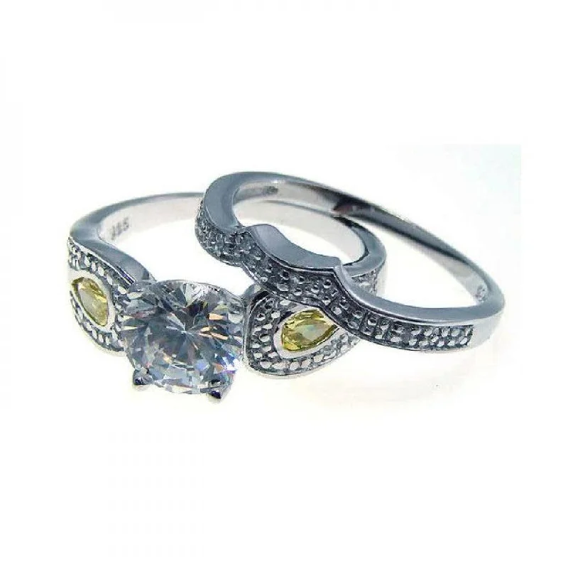 Ladies rings heart cut designs-Silver 925 Rhodium Plated Yellow and Clear CZ Antique Ring Pair - STR00535