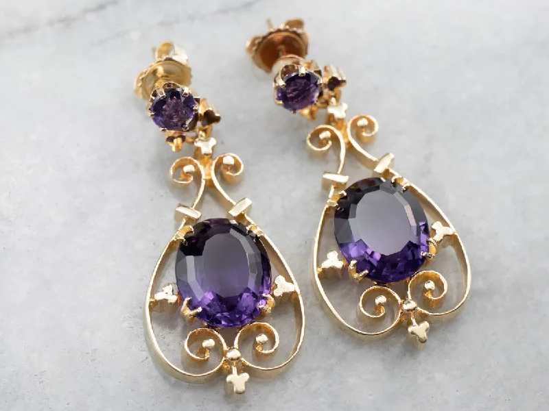 Ladies earrings one-off design earrings-Victorian Revival Amethyst Gold Filigree Drop Earrings