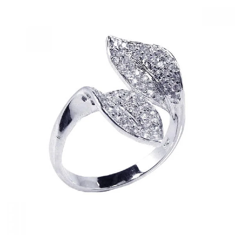 Ladies rings latest fashion trends-Silver 925 Rhodium Plated CZ Double Leaf Ring - STR00356