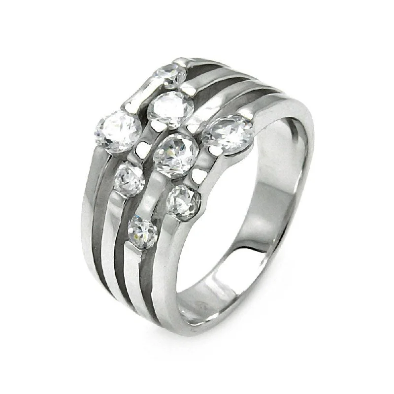 Ladies rings geometric shape styles-Silver 925 Rhodium Plated 4 Row CZ Ring - STR00117