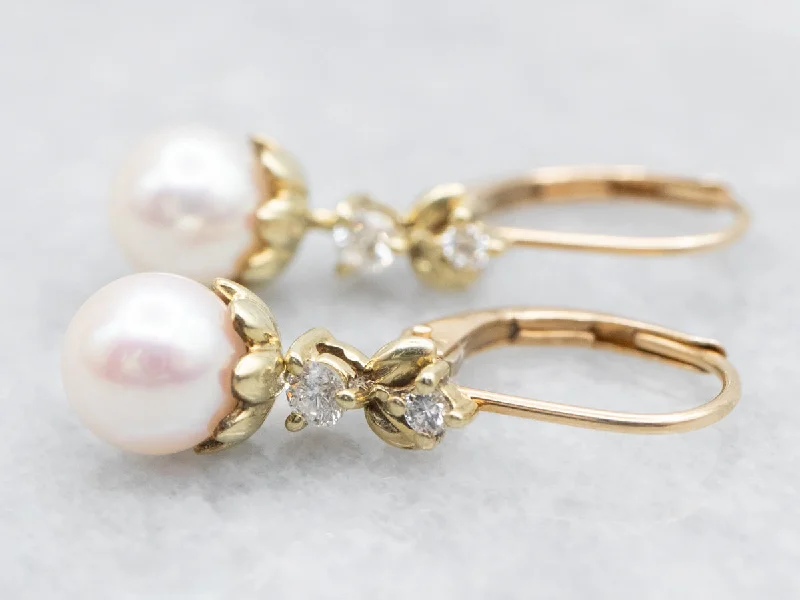 Ladies earrings artisan metalwork designs-Saltwater Pearl Drop Earrings with Diamond Accents