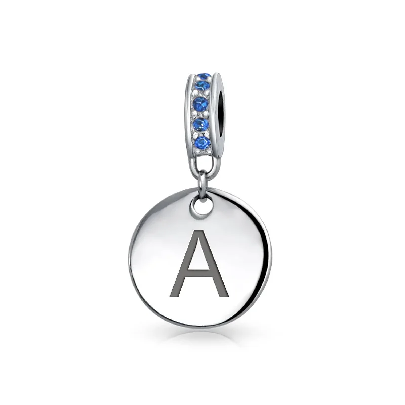 ladies bracelet initial silver-Initial Alphabet Bead Charm A-Z Monogram Blue Crystal Accent Dangle for Bracelets