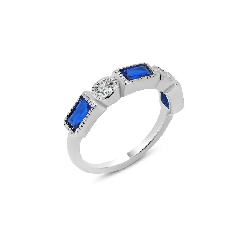 Ladies rings promise ring options-Rhodium Plated 925 Sterling Silver Alternating Blue Rectangle and Clear Round CZ Ring - BGR01111BLU