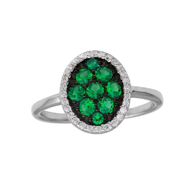 Ladies rings Thanksgiving gift rings-Rhodium Plated 925 Sterling Silver Oval Ring with Green and Clear CZ - BGR01233GRN