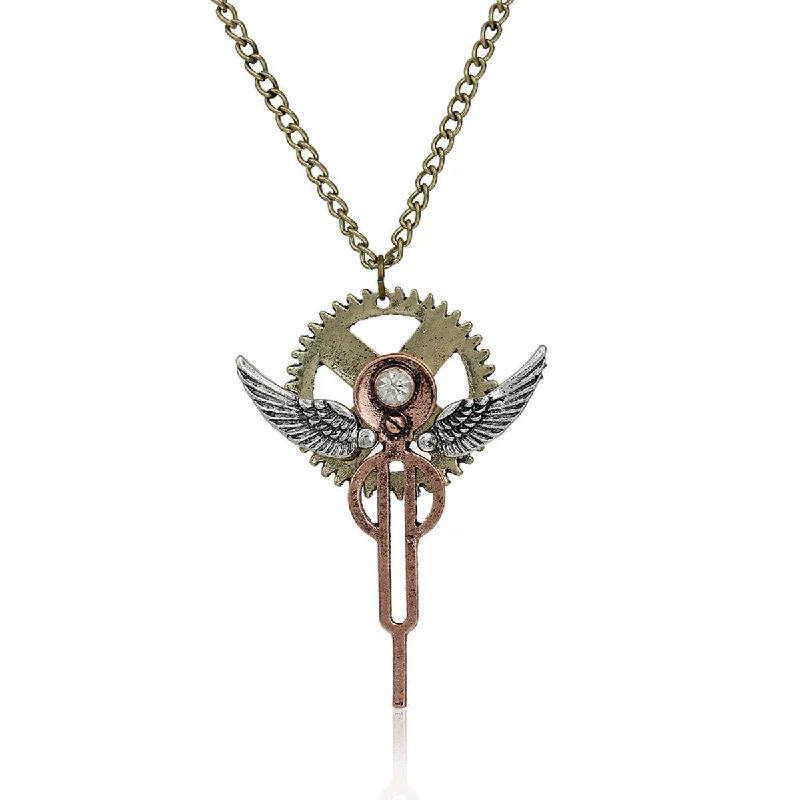 ladies necklace emerald-SEXY SPARKLES Steampunk Necklace Link Curb Chain Antique Bronze Angel Wing Gear Hollow Pendant With Clear Rhinestone