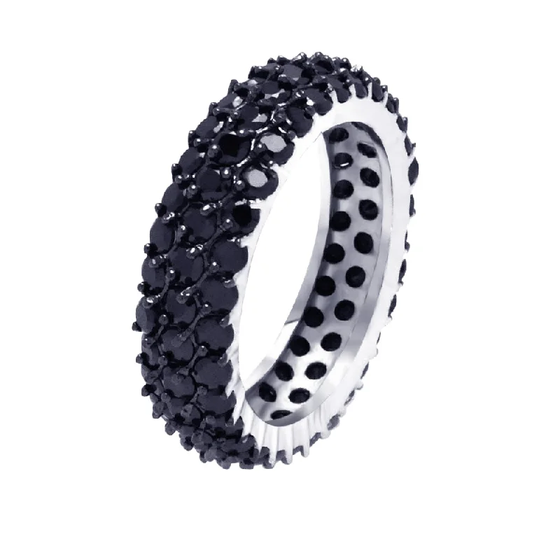 Ladies rings nature-inspired patterns-Silver 925 Rhodium and Black Rhodium Plated Black Pave Set CZ Eternity Ring - BGR00380