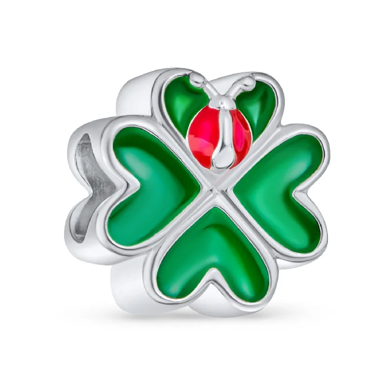 ladies bracelet bold white gold-Good Luck Ladybug Shamrock Green Heart Clover Charm Bead for European Bracelet