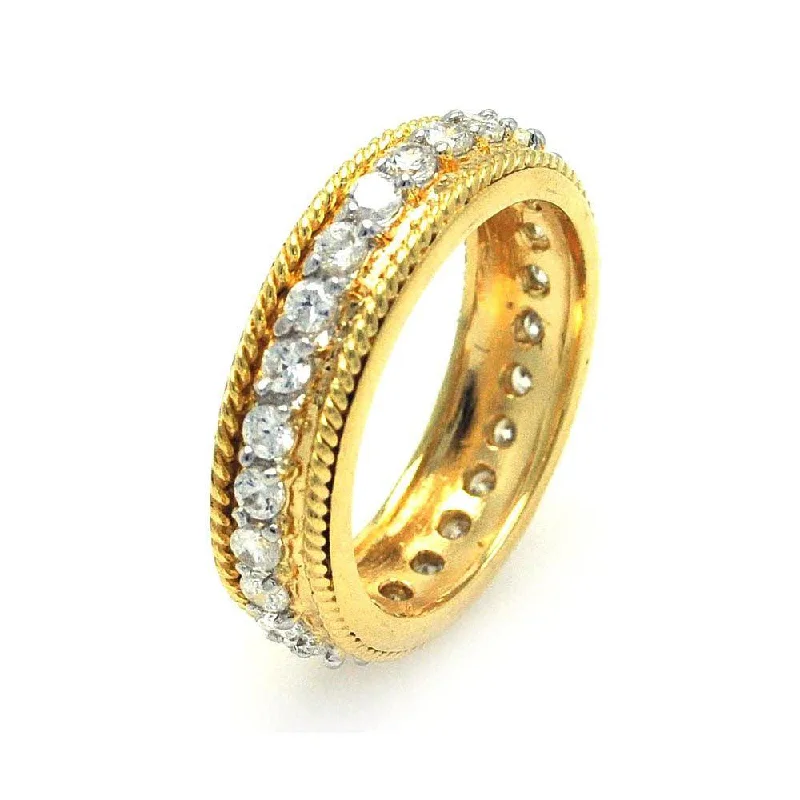 Ladies rings romantic era designs-Silver 925 Gold Plated Rope Border CZ Eternity Ring - STR00514