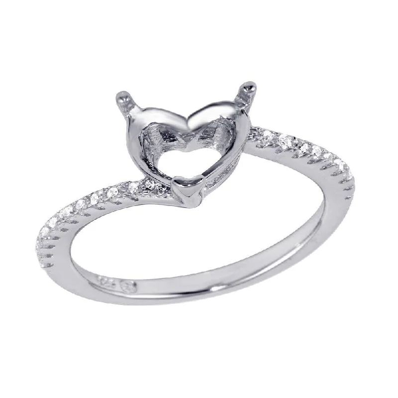 Ladies rings pride-inspired rings-Rhodium Plated 925 Sterling Silver Asymmetrical Heart Stone Mounting Ring with CZ - BGR01061