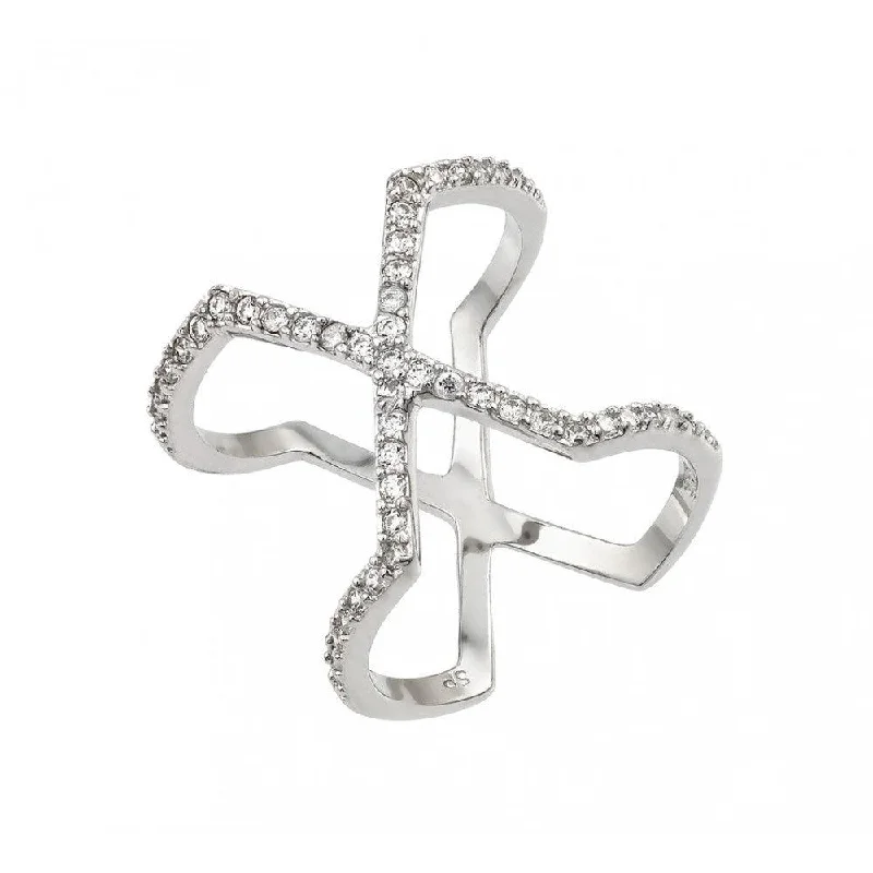 Ladies rings summer vibe designs-Silver 925 Rhodium Plated Cross X Clear CZ Ring - STR01007