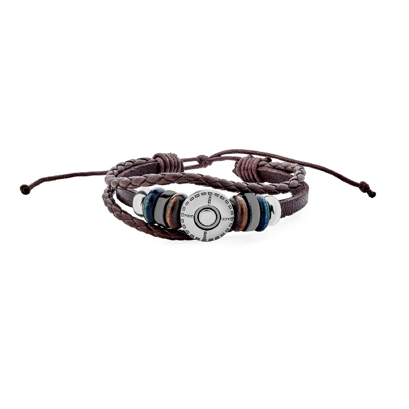 ladies bracelet platinum-Boho Brown Leather Triple Wrap Bracelet with Wood Beads and Coin Charm for Men