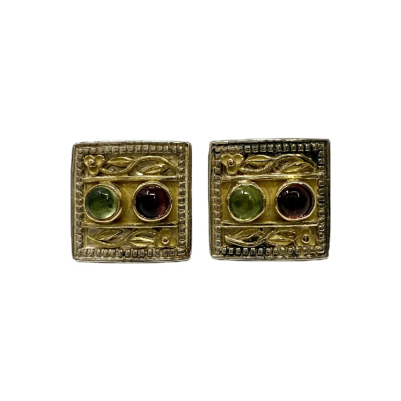 Ladies earrings ruby gem accents-Konstantino Square Sterling Silver and 18K Gold Earrings