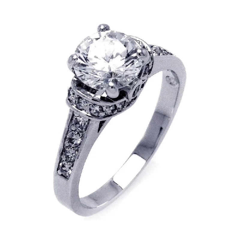 Ladies rings artisan metalwork styles-Silver 925 Rhodium Plated Channel Set Clear Round Center CZ Bridal Ring - BGR00397