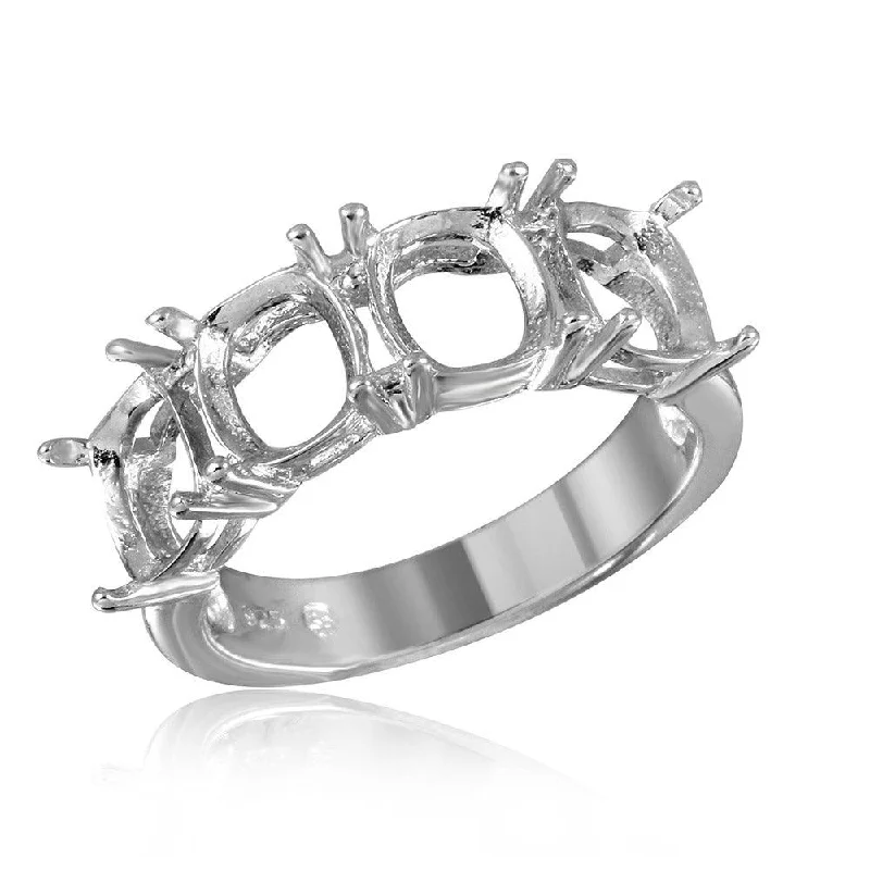 Ladies rings stackable ring sets-Silver 925 Rhodium Plated Open Shank 4 Stones Mounting Ring - BGR01198