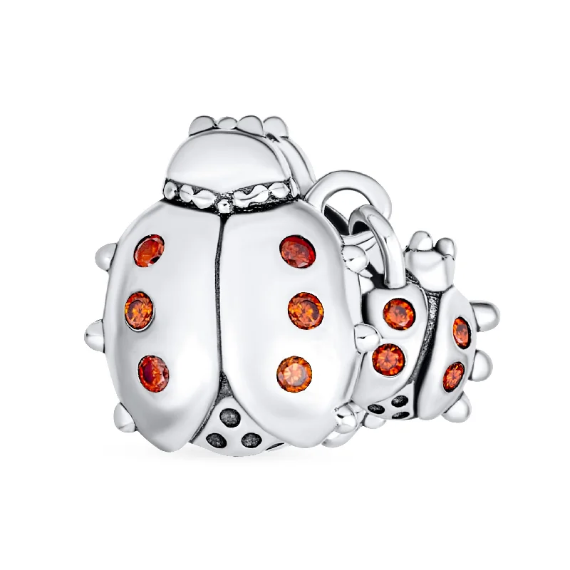 ladies bracelet designer rose gold-Insect Garden Ladybugs Red CZ Dangle Charm Bead Sterling Silver for Bracelet