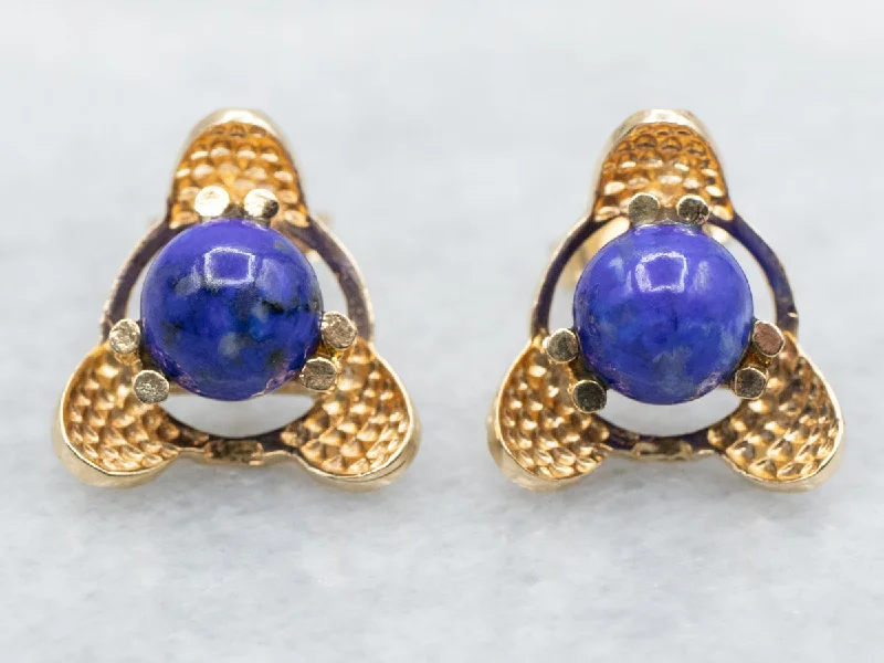 Ladies earrings two-tone earring designs-Textured Yellow Gold Lapis Stud Earrings