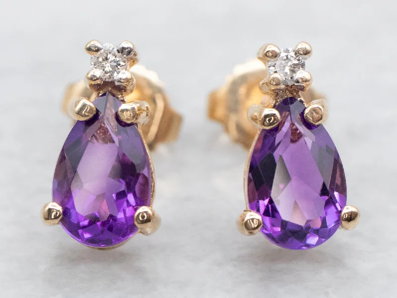 Ladies earrings graduated size designs-Amethyst and Diamond Stud Earrings