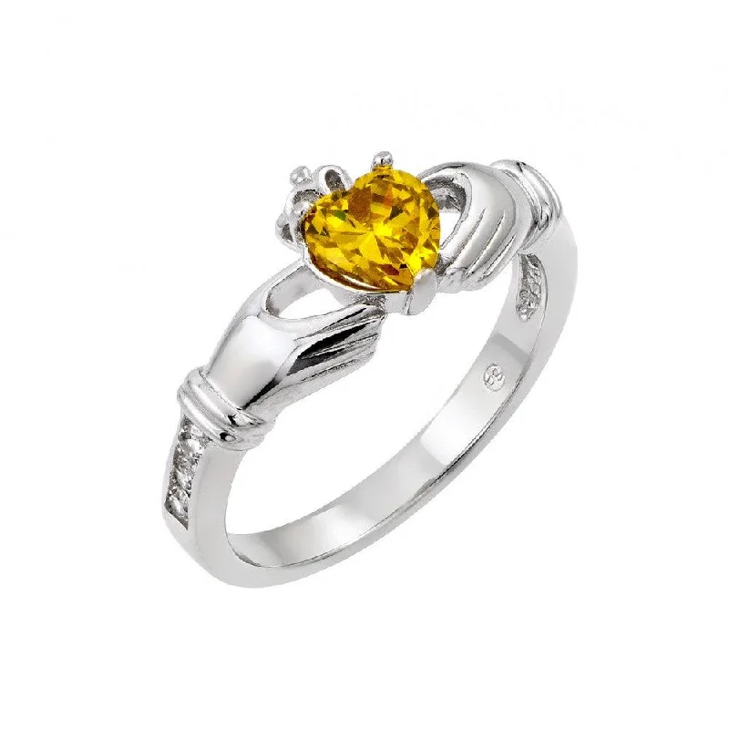 Ladies rings radiant cut rings-Silver 925 Rhodium Plated Yellow Heart CZ Claddagh Ring - BGR00491YEL