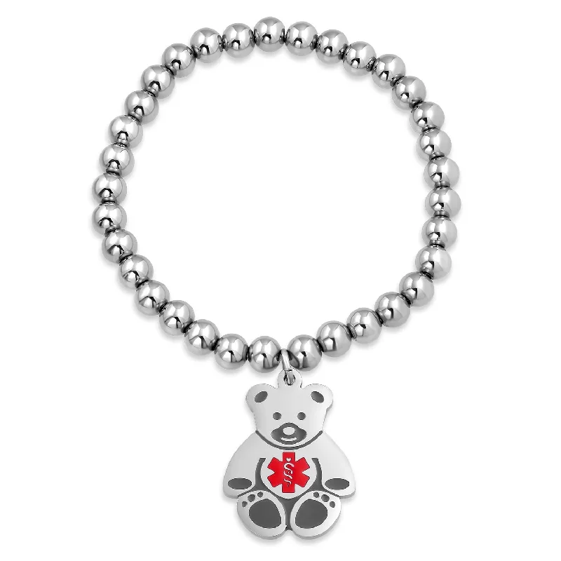 ladies bracelet halo silver-Medical ID Bracelet with Teddy Bear Charm and Silver Tone Beads