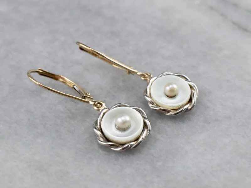 Ladies earrings bold weight earrings-Mother of Pearl Two Tone Gold Drop Earrings