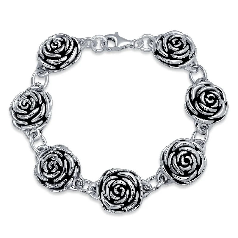 ladies bracelet leaf-Antiqued Finish 3D Garden Flower Strand Bracelet Black Rose Oxidized Silver