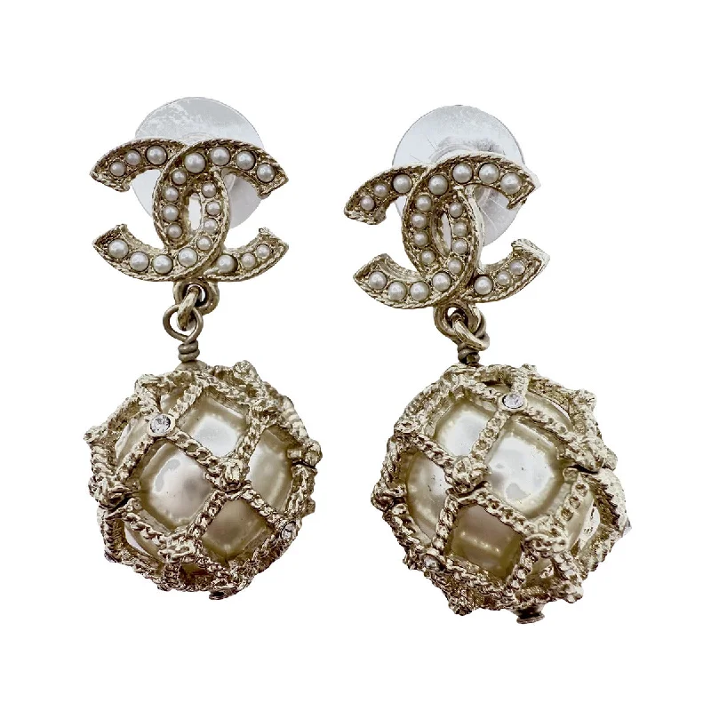 Ladies earrings raised detail styles-Chanel 2019 Caged Faux Pearl Drop Earrings