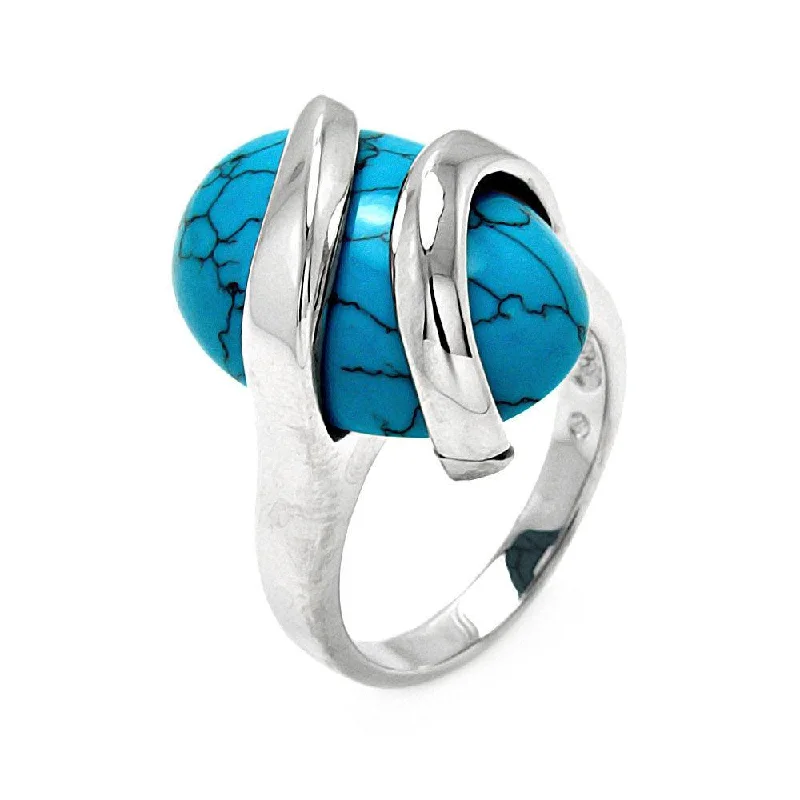 Ladies rings cultural celebration styles-Silver 925 Rhodium Plated Sideways Oval Turquoise Ring - BGR00547