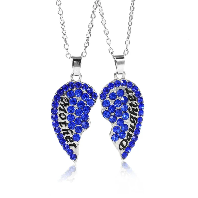 ladies necklace artisan-Necklace Long Link Cable Chain Broken Heart Message " Mother & Daughter " Pendants Royal Blue Rhinestone