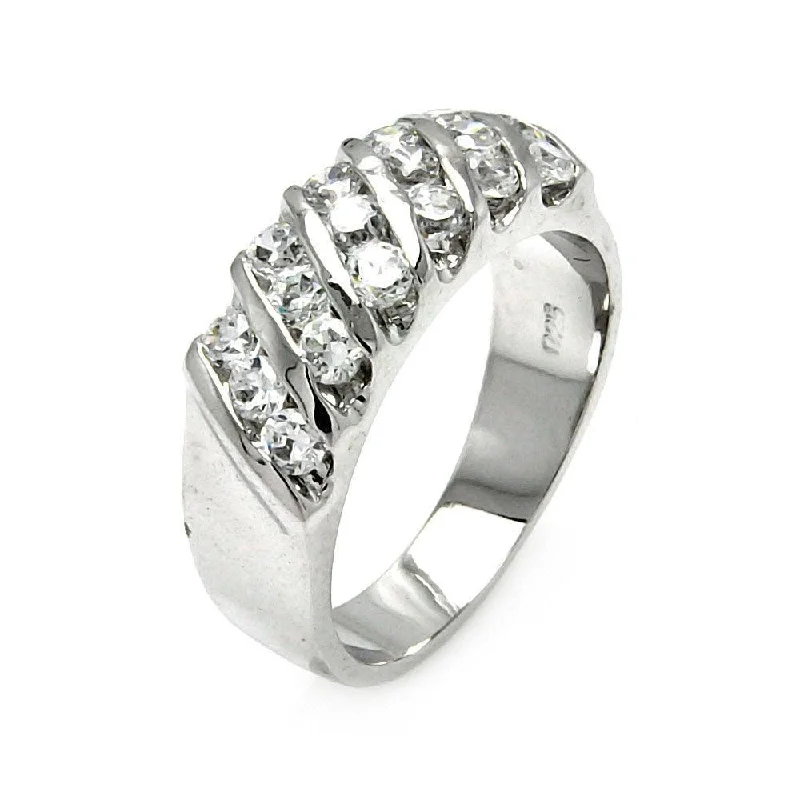 Ladies rings graduated size designs-Silver 925 Rhodium Plated Clear Round CZ Stripe Ring - BGR00561