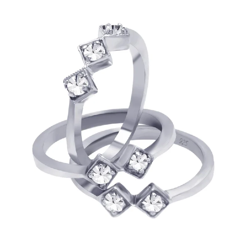 Ladies rings Edwardian charm rings-Silver 925 Rhodium Plated Diamond Shaped CZ Stackable Ring Set - AAR0054