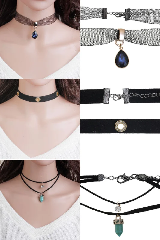 ladies necklace for her-Sexy Sparkles Set of 3 Velvet Choker Necklace for Women Girls Gothic Choker Bolo Tie Corset Lace ChokersSexy Sparkles