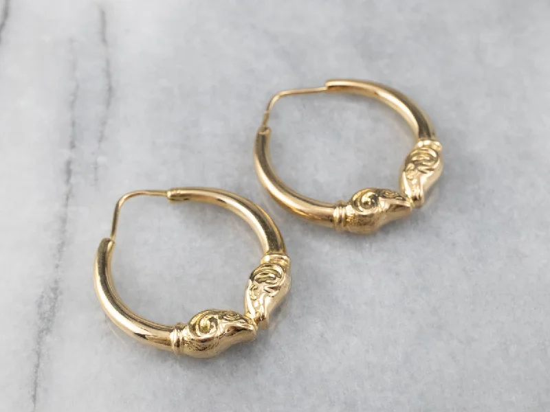 Ladies earrings art deco elegance-Ram's Head Gold Hoop Earrings