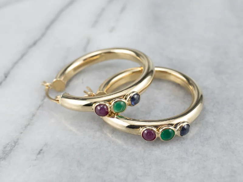 Ladies earrings rainbow gem designs-Ruby Green Onyx and Sapphire Hoop Earrings