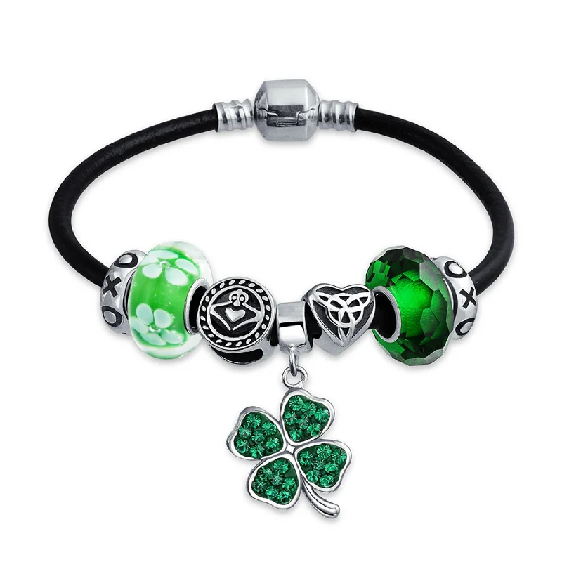 ladies bracelet winter-Celtic Clover Shamrock Claddagh Charm Bracelet Leather Sterling Silver