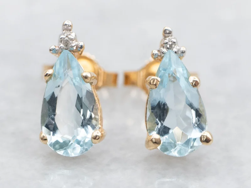 Ladies earrings rounded edge designs-Aquamarine and Diamond Stud Earrings