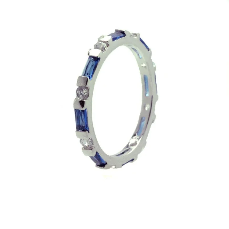 Ladies rings rustic charm designs-Silver 925 Rhodium Plated Blue CZ Stackable Eternity Ring - BGR00621