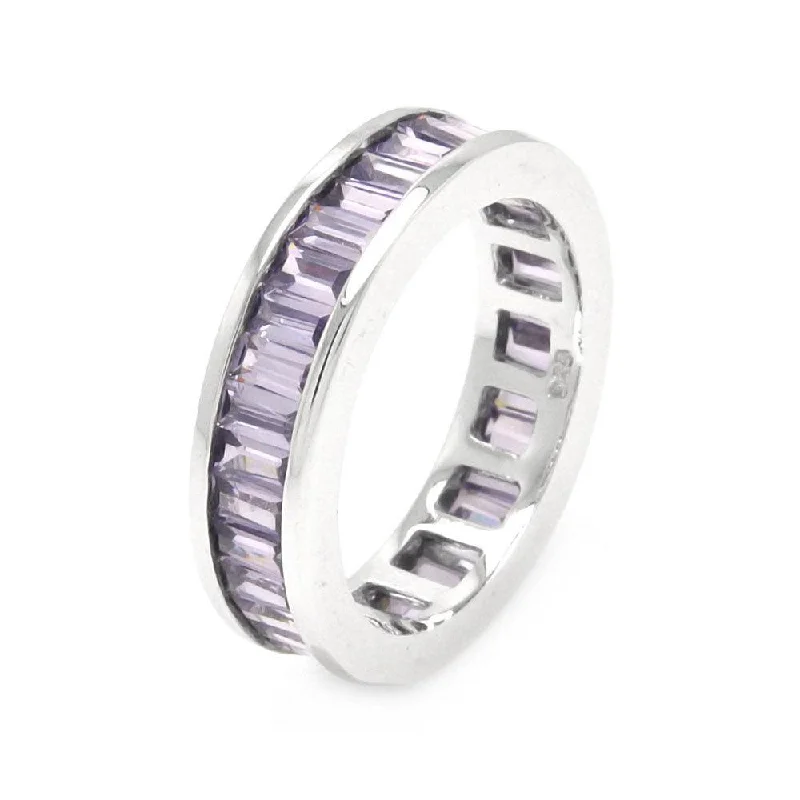 Ladies rings office-friendly elegance-Silver 925 Rhodium Plated Channel Set Purple Baguette CZ Eternity Ring - STR00124AMY