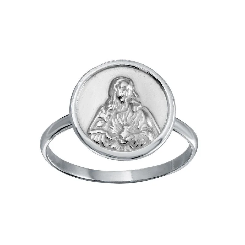 Ladies rings mid-century modern looks-High Polished 925 Sterling Silver Disc Mother Mary Design Ring - SOR00032