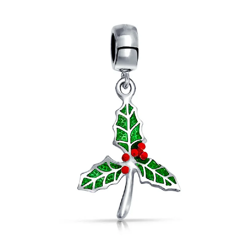 ladies bracelet hypoallergenic-Christmas Charm Bead Green Mistletoe Holly Dangle Sterling Silver for Bracelets