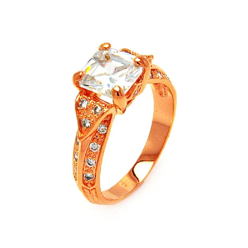 Ladies rings white gold styles-Silver 925 Rose Gold Plated Clear Princess Cut CZ Ring - BGR00603