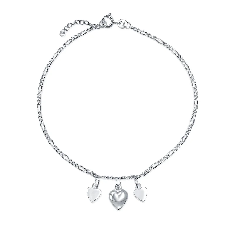 ladies bracelet floral platinum-Three Dangling Hearts Charms Anklet Ankle Bracelet Sterling Silver 9-10"