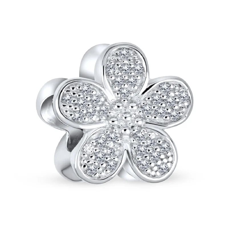 ladies bracelet white gold-Daisy Flower Charm Bead with Sparkling CZ Pave for European Bracelet