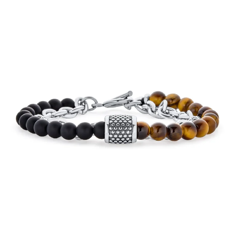 ladies bracelet high-end-Mixed Two Tone Stretch Bracelet with Gemstone Beads & Silver Toggle Clasp