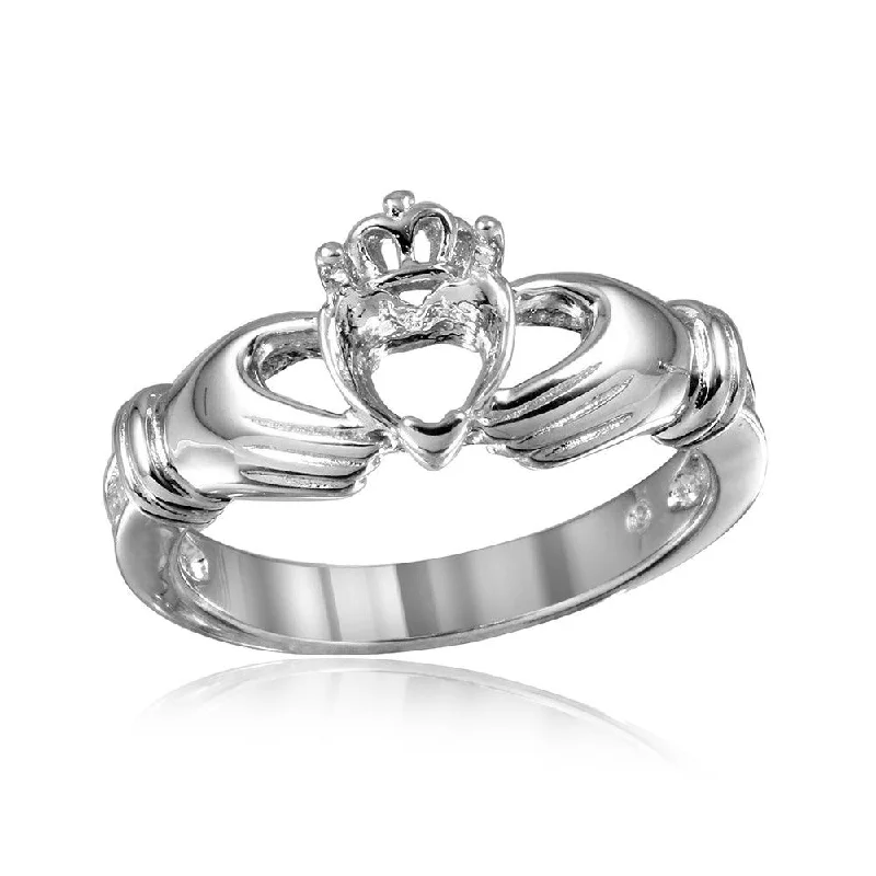 Ladies rings shiny gold rings-Silver 925 Rhodium Plated Claddagh CZ Heart Mounting Ring - BGR00491