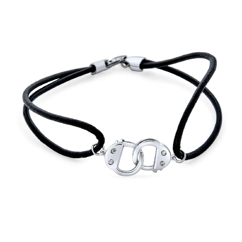 ladies bracelet summer-Minimalist Wrap Bracelet Black Leather Cord with Sterling Silver Handcuff Design