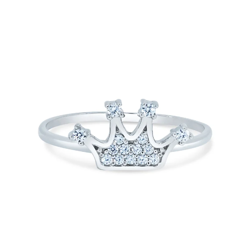 Ladies rings beaded accent styles-Rhodium Plated 925 Sterling Silver Crown Design CZ Ring - GMR00373