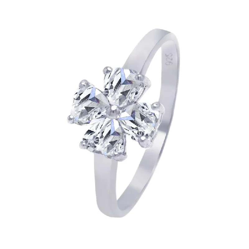 Ladies rings pop art rings-Silver 925 Rhodium Plated Clear CZ Cross Clover Ring - AAR0010